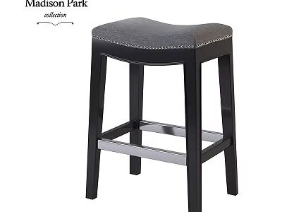 Modern Black Bar Stool With Gray Tufted Seat Wooden Legs And Metal Crossbar 3d model