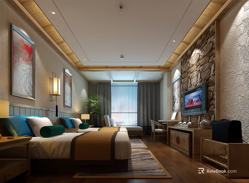 Elegant Hotel Guest Room With Wooden Bed Stone Wall Decorative Paintings And Green Plant 3d model 