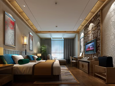 Elegant Hotel Guest Room With Wooden Bed Stone Wall Decorative Paintings And Green Plant 3d model