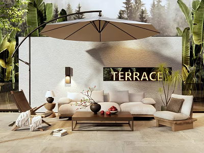 Comfortable Outdoor Sofa Setup On Terrace With Arched Umbrella Green Plants And Coffee Table 3d model