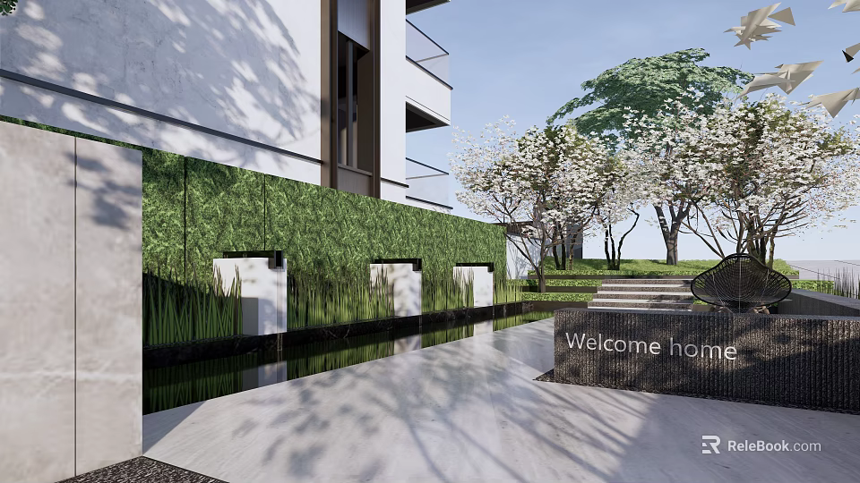 Modern Garden Landscape With Green Plant Wall Water Feature Cherry Blossom Trees And Welcome Sign 3d model 