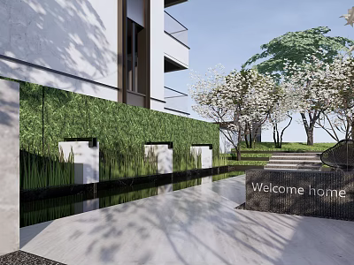 Modern Garden Landscape With Green Plant Wall Water Feature Cherry Blossom Trees And Welcome Sign 3d model