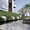 Modern Garden Landscape With Green Plant Wall Water Feature Cherry Blossom Trees And Welcome Sign