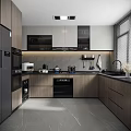 Modern Kitchen Interior Design With Wood And Gray Cabinets Integrated Appliances And Countertop