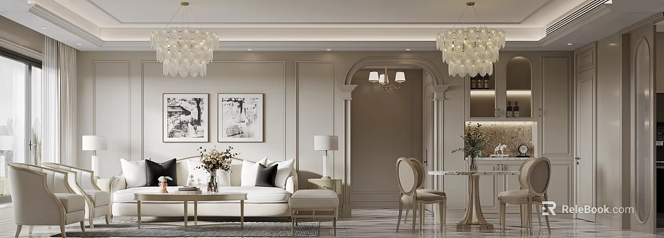 Open Concept Modern Luxury Living Dining Room with Chandeliers White Sofa Dining Table Beige Decor 3d model 