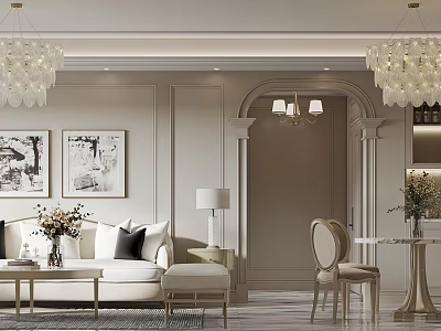 Open Concept Modern Luxury Living Dining Room with Chandeliers White Sofa Dining Table Beige Decor 3d model