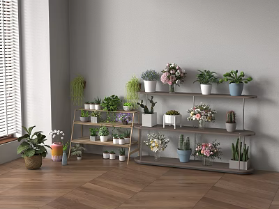 Multi tiered Plant Shelf Displaying Various Green Plants and Flowers by Window on Wooden Floor 3d model