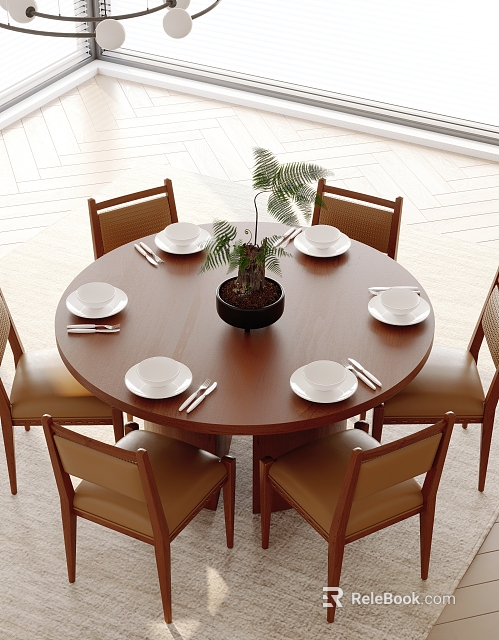 Round Brown Dining Table Set With Six Beige Cushioned Chairs White Plates Silver Cutlery Plant 3d model 