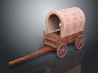 Vintage Wooden Covered Wagon With Large Wheels And Canvas Top 3d model