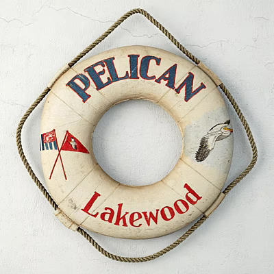 Lifebuoy Shaped Decorative Hanging Ornament With Pelican Text Lakewood Lettering Small Flags And Bird Illustration 3d model