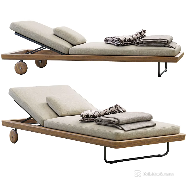 Outdoor Reclining Lounge Chair With Wooden Frame Wheels Cushions And Soft Blankets 3d model 