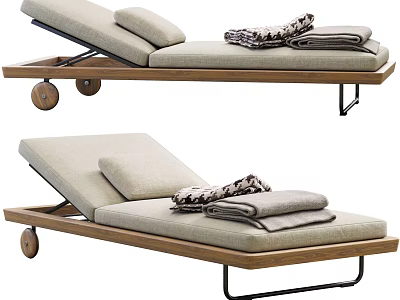 Outdoor Reclining Lounge Chair With Wooden Frame Wheels Cushions And Soft Blankets 3d model