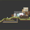 Cartoon Scene with Miniature Room Kitchen Area Staircase Dolls Green Grass and Steps