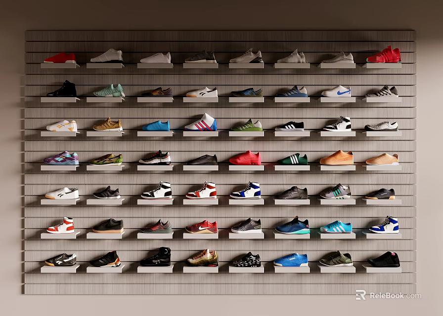Various Colorful Shoes of Different Styles Neatly Arranged on Wall Racks 3d model 