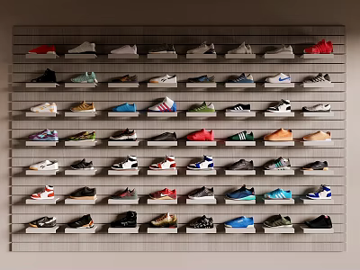 Various Colorful Shoes of Different Styles Neatly Arranged on Wall Racks 3d model