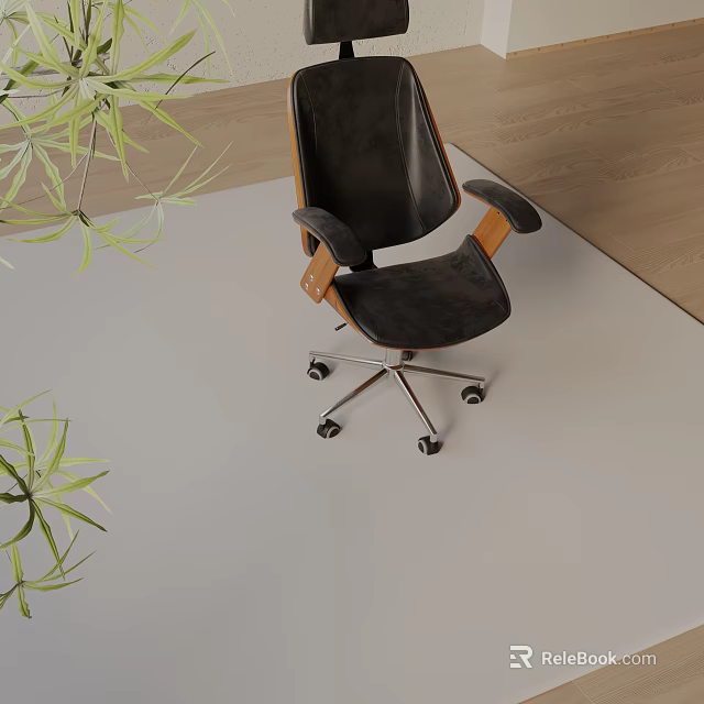 Black Velvet Office Chair With Wooden Armrests Metal Base On Modern Workspace With Green Plants 3d model 