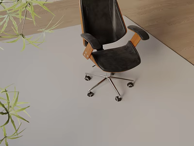Black Velvet Office Chair With Wooden Armrests Metal Base On Modern Workspace With Green Plants 3d model