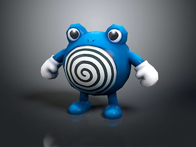 Cute Blue Cartoon Creature With Big Eyes White Gloves And Black White Spiral Belly 3d model