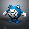 Cute Blue Cartoon Creature With Big Eyes White Gloves And Black White Spiral Belly
