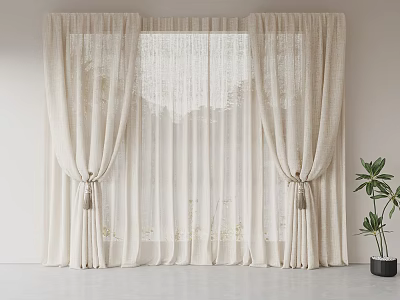 Beige Curtains With Sheer Layers Tassel Ties And Potted Plant In Interior 3d model
