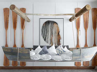Boat Shaped Hanging Chair with Plush Cushions and Wooden Oars Against Wall Art 3d model
