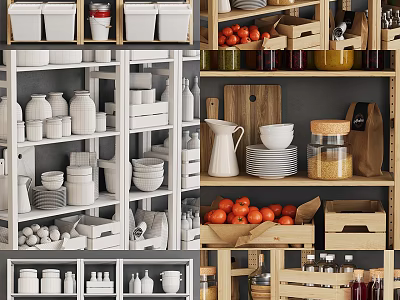 Organized Kitchenware Storage Display With White Ceramic Jars Stacked Bowls And Wooden Crates On Shelves 3d model