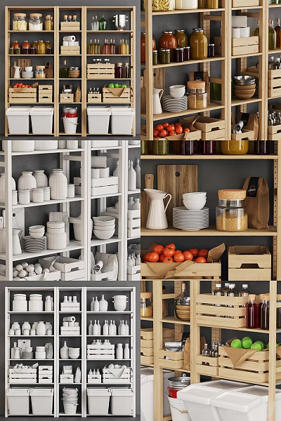 Organized Kitchenware Storage Display With White Ceramic Jars Stacked Bowls And Wooden Crates On Shelves 3d model