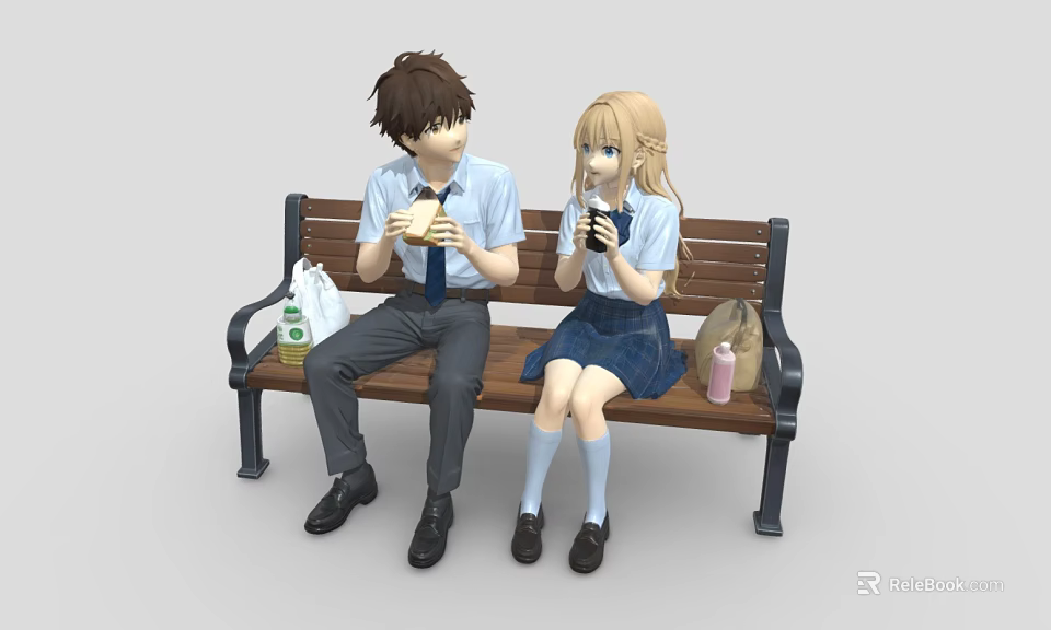 Two Students In School Uniforms Sitting On Bench Eating Burgers And Drinking Beverages With Backpacks 3d model 