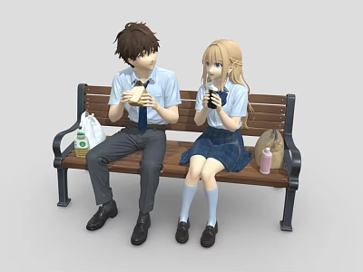 Two Students In School Uniforms Sitting On Bench Eating Burgers And Drinking Beverages With Backpacks 3d model