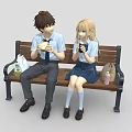 Two Students In School Uniforms Sitting On Bench Eating Burgers And Drinking Beverages With Backpacks