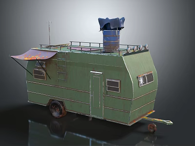 Green Vintage Trailer Featuring Roof Rail Blue Barrel Side Awning Ladder And Windows 3d model