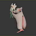 Standing Cute Rat Holding White Flowers With Green Stems On Reflective Surface
