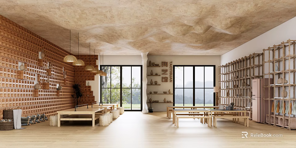 Book Art Inspired Library Interior With Red Brick Walls Wooden Floors Textured Ceiling And Bookshelves 3d model 