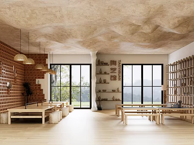 Book Art Inspired Library Interior With Red Brick Walls Wooden Floors Textured Ceiling And Bookshelves 3d model