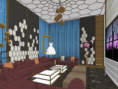 Modern KTV Lounge Interior With Red Sofa Coffee Tables Decorative Wall And TV Screen 3d model