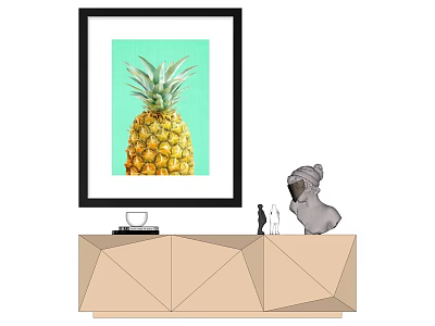 Framed Pineapple Art With Light Green Background On Geometric Cabinet With Dog And Cat Figurines 3d model