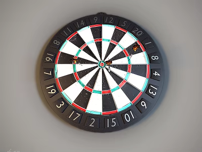 Dartboard With Numbered Sections Black White Red Green Segments Bullseye And Darts 3d model