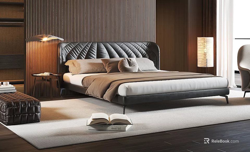 Modern Double Bed With Black Leather Headboard Wooden Walls And Table Lamp 3d model 