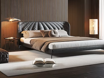 Modern Double Bed With Black Leather Headboard Wooden Walls And Table Lamp 3d model