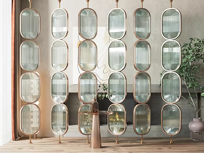 Modern Glass Room Divider With Oval Glass Panels And Brass Frame Interior Design 3d model