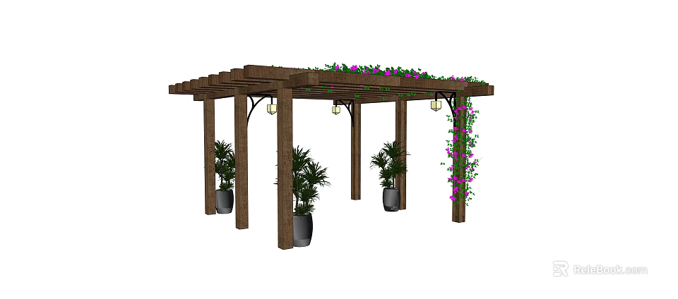 Wooden Pergola with Vines Purple Flowers and Potted Green Plants Under Lantern Lights 3d model 