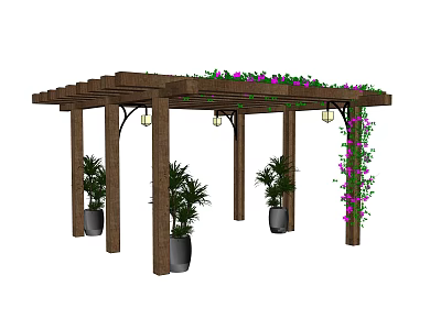Wooden Pergola with Vines Purple Flowers and Potted Green Plants Under Lantern Lights 3d model