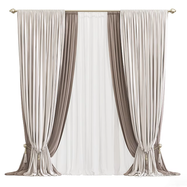 Elegant Curtain With Double Layer Beige And Brown Soft Fabric Tieback Design For Home 3d model 