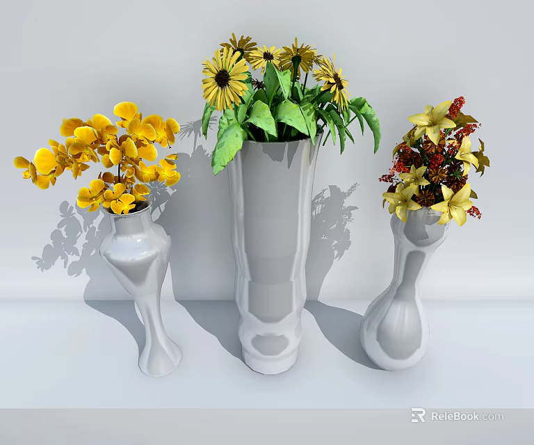 White Vases With Yellow Orchids Daisies And Colorful Flowers For Home Decor 3d model 