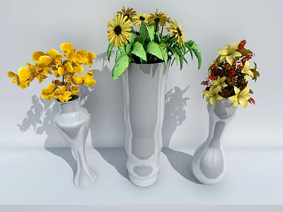 White Vases With Yellow Orchids Daisies And Colorful Flowers For Home Decor 3d model