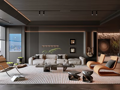Modern Living Room Interior Design With Dark Wooden Ceiling Gray Sofa Rug And Decorative Paintings 3d model