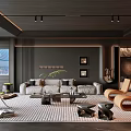 Modern Living Room Interior Design With Dark Wooden Ceiling Gray Sofa Rug And Decorative Paintings