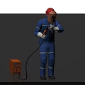 Man Wearing Blue Work Uniform Welding With Red Safety Helmet And Orange Machine