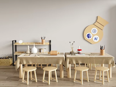 Art Studio Tables and Chairs Set with Beige Tablecloths Wooden Stools and Wall Decor 3d model