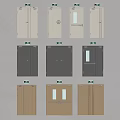 Various Interior Doors In White Grey Brown With Emergency Exit Signs And Glass Panels